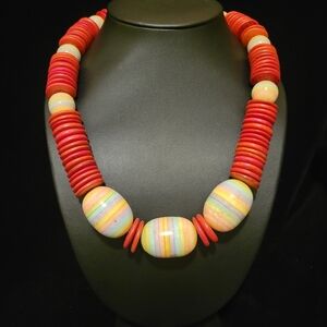 Estate Rainbow Wood Beaded Statement Necklace